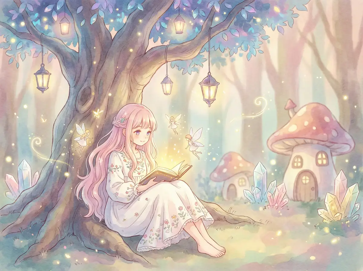 aqd vip - 魔法森林中阅读故事书的粉发少女与精灵